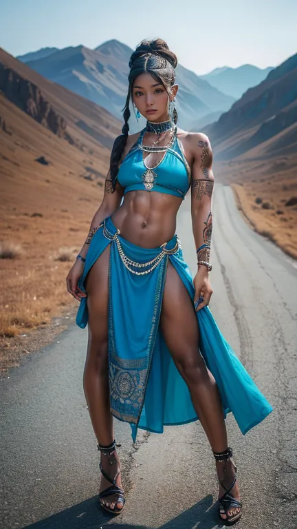 a high resolution, extremely detailed, realistic photo with an indian woman, ebony woman with long legs and a muscle figure, hai...