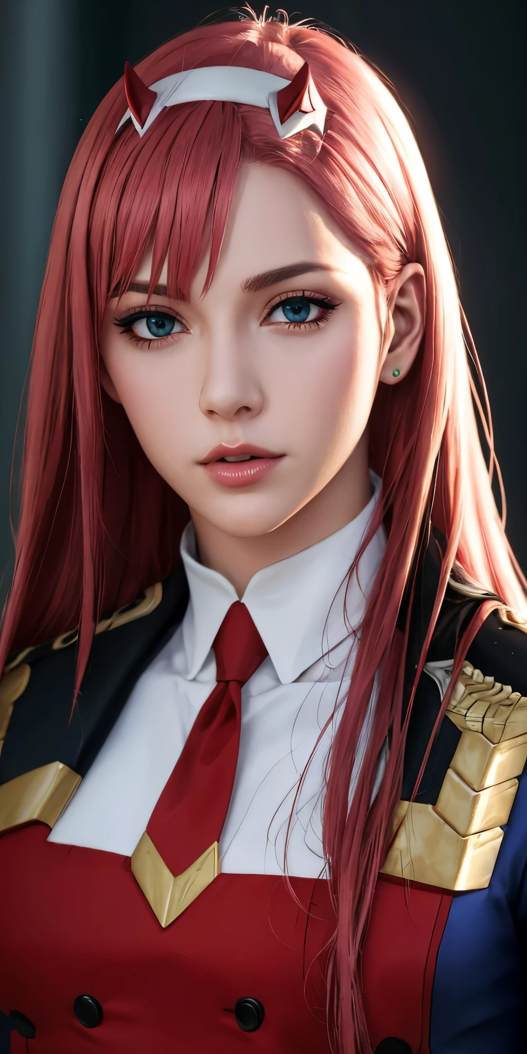 a beautiful highly detailed portrait of zero two from darling in the franxx, stunning detailed facial features, piercing eyes, detailed lips, long eyelashes, intricately detailed hair, detailed uniform, intricate details, extremely detailed, masterpiece, (best quality,8k,photorealistic,ultra-detailed,realistic,high quality,sharp focus,professional,vivid colors,extremely detailed),8k, high resolution, (detailed,intricate,cinematic lighting:1.2)