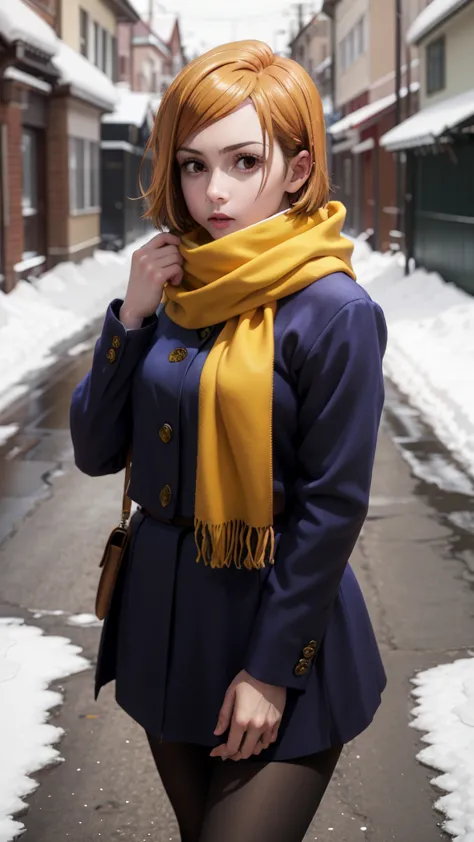masterpiece, best quality, highres, aanobara, short yellow hair, winter clothes, snow, street, looking at viewer, scarf,