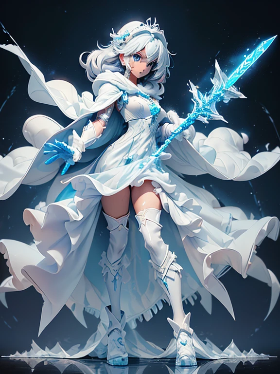 (((masterpiece, best quality, 8k))) Design a layout showcase Gaming character, (1girl),((perfect face, high detailed face)). Blue+White clothes, icy and pristine, ((showcase weapon:1.4)), ice staff, (masterpiece:1.2), (best quality), 4k, ultra-detailed, (Step by step design, layout art:1.5), (frosty lighting, chilling atmosphere), ice mage, ((fur gloves)), (((revealing gown:1.3))), ice vambraces, fur-trimmed boots, (((full_body_shot:1.4)))