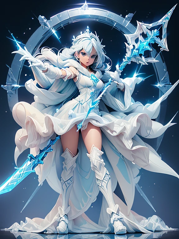 (((masterpiece, best quality, 8k))) Design a layout showcase Gaming character, (1girl),((perfect face, high detailed face)). Blue+White clothes, icy and pristine, ((showcase weapon:1.4)), ice staff, (masterpiece:1.2), (best quality), 4k, ultra-detailed, (Step by step design, layout art:1.5), (frosty lighting, chilling atmosphere), ice mage, ((fur gloves)), (((revealing gown:1.3))), ice vambraces, fur-trimmed boots, (((full_body_shot:1.4)))