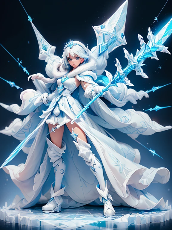 (((masterpiece, best quality, 8k))) Design a layout showcase Gaming character, (1girl),((perfect face, high detailed face)). Blue+White clothes, icy and pristine, ((showcase weapon:1.4)), ice staff, (masterpiece:1.2), (best quality), 4k, ultra-detailed, (Step by step design, layout art:1.5), (frosty lighting, chilling atmosphere), ice mage, ((fur gloves)), (((revealing gown:1.3))), ice vambraces, fur-trimmed boots, (((full_body_shot:1.4)))