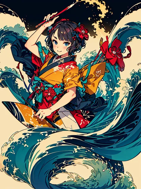 Calligraphy Performance, kimono, giant brush, ink, splash, Bold waves dancing with big brush strokes, Hokusai Katsushika, Delica...