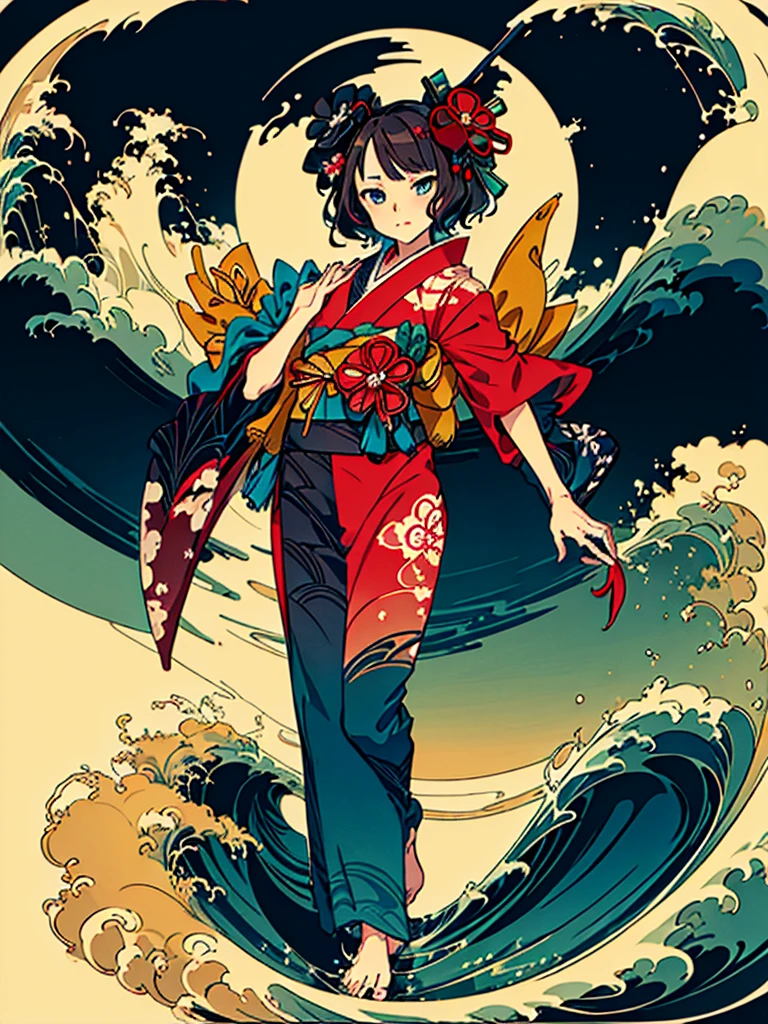 One girl, Katsushika Hokusai \(destiny\),  
Japanese,art,kimono,Traditional,background,Ukiyo-e, Parody, , Bold waves dancing with big brush strokes, Hokusai Katsushika, Delicate and precise, Modern Ukiyo-e style, background:36 Views of Fugaku Kanagawa Okinami Ura, flogged, white background, simple coloring ,hokusai, masterpiece, super high quality, ( Highly detailed original illustration), , ((Hana Sakura)(graffiti)), Double exposure, A fluid fusion of abstract art, Glitch, ( 2d), ( Original illustration composition), ( Limited edition color fusion, maximalism art style, Geometric art style, fire, junk art), Yellow theme, vortex and waves,[1 Girl:7], (Tilt your head:1.2), ([sketch|watercolor \(Moderate\)]:1.15),Chaotic abstract background, Vector Trace, Gradient blending and whole body, Artistic elements add depth to the work,Katsushika Hokusai,sketch (Character design sheet, same characters, whole body, Three-View, front, ~ ~ ~ ~ Side, return) 1 female, Nervous,Cowboy Shot,,(Very bright:1.1), White background, [1 Girl:7], (Tilt your head:1.2), ([sketch|watercolor \(Moderate\)]:1.15)