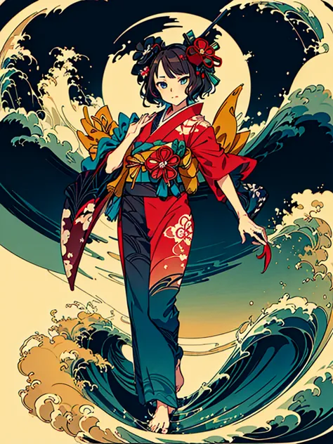 One girl, Katsushika Hokusai \(destiny\),  
Japanese,art,kimono,Traditional,background,Ukiyo-e, Parody, , Bold waves dancing wit...