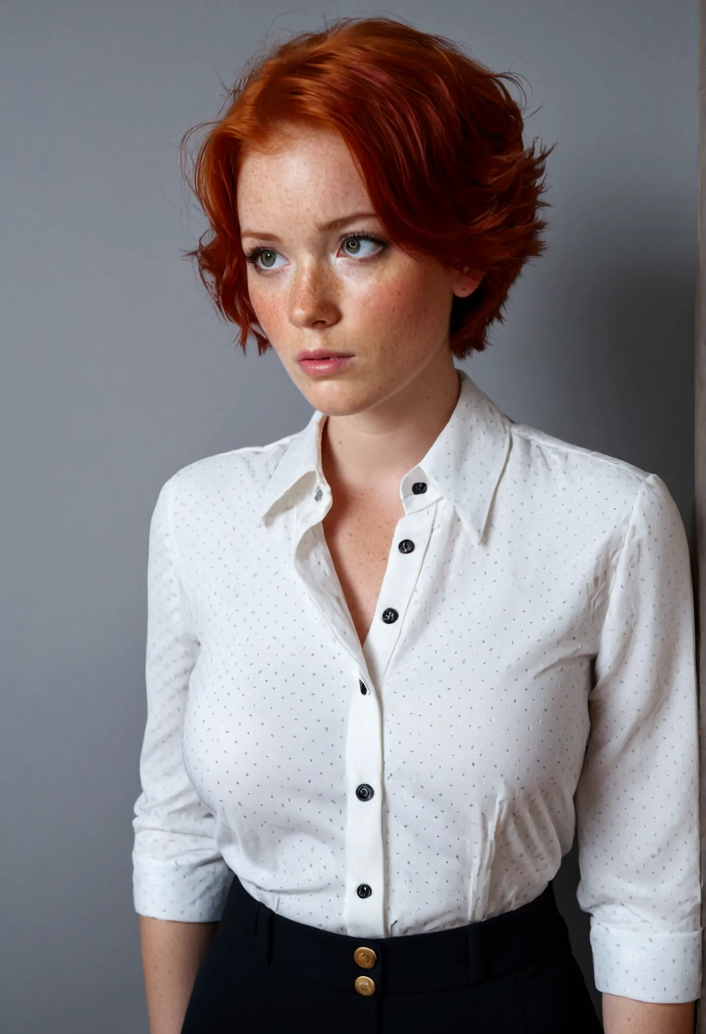 girl , red-haired , freckles , shy short hair , very large breasts , wears a blouse, blouse buttoned up to the top, visible butt...