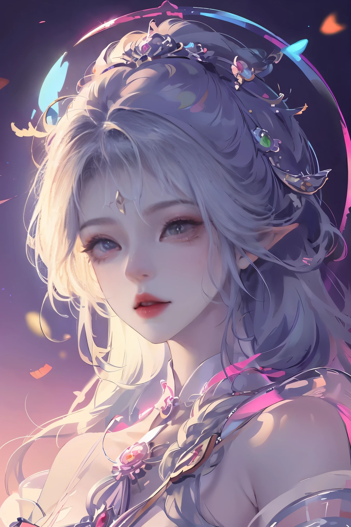 Close-up of a woman with rich and colorful hair and necklace, Anime girl with cosmic long hair, The soft vibrancy of Rossdraws, Guvez-style artwork, Fantasy art style, rich and colorful], Vibrant fantasy style, Rossdraws Vibrant cartoons, cosmic and rich and colorful, Gu Weiss, rich and colorful digital fantasy art, Stunning art style, Beautiful anime style, Full body lighting, Skin brightening, Sexy expressions