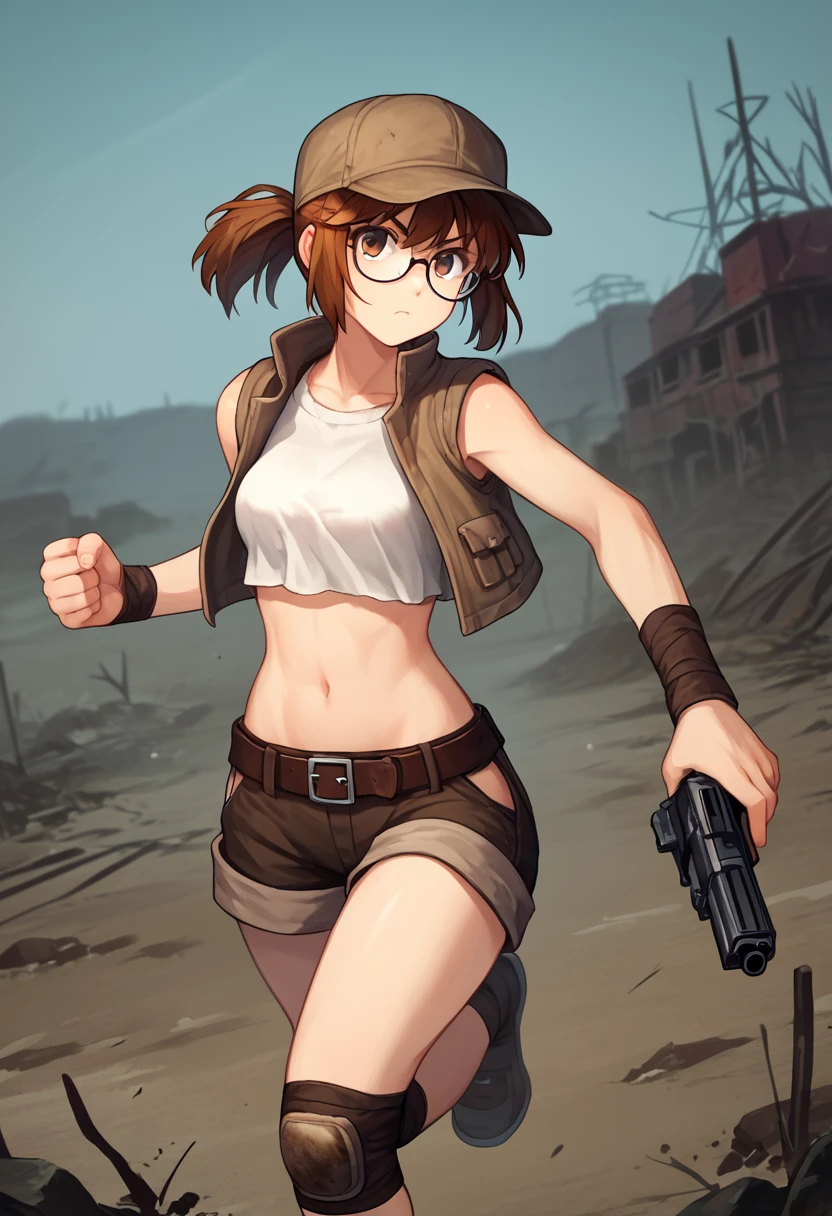 score_9, score_8_up, score_7_up, source_anime, fiogermi,1girl,fio germi, brown hair, glasses, medium hair, ponytail, brown eyes, crop top, hat, jacket, knee pads, shorts, sleeveless, navel, belt, outdoors, wasteland, gun, weapon, holding gun, serious,looking at viewer, cowboy shot,dynamic pose,running, dutch angle, solo,