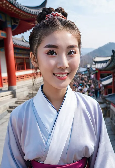 k-pop-idee: 1.2, mix4, 1 korean girl, 14years old, (light eyebrows: 1.4), shiny brown eyes, bun head, two braids tied, old town,...