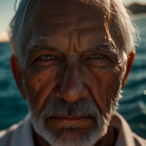 ((old man staring at the camera)), (((focusing on the eyes that reflect the sea))), play of light, maximum detail of the skin, m...