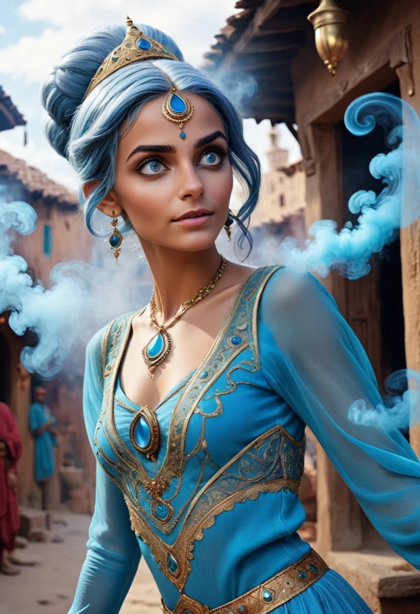 realistic, analog photo, Masterpiece, RAW photo, middle shot, photorealistic, (detailed cute face), genie, (folkloric Arabic creature), (in "Aladdin" style), (cute female, looks like Rachel Cook), short blue hair, blue skin, detailed Arabic village on background, (ghost blue smoke body), smoke particles, halo, (bioluminescent:0.95), vivid colors, vibrant color details, dynamic, Intensed eyes, sexy, pleasure, smoke splash, wishmaster, depth of field, 35mm, film grain, raw photo, isometric, extremely detailed