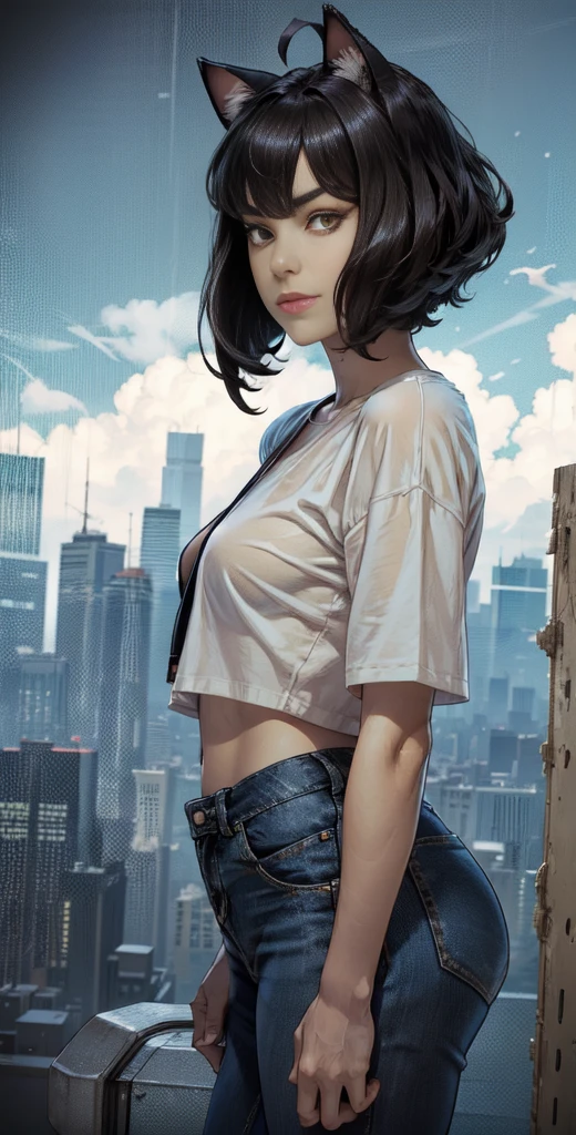 very young slim fit girl, full body shot, rounded face, very short disheveled dark blue hair, big yellow eyes, shy smile, perfect flat breast, band on head with fake cat ears, look at you, (ahoge:1.2), megane, sashagrey, a strand of hair from the bangs hangs between the eyes, accurate small snub nose, 16k, masterpiece, realistic style, perfect fingers, short denim microshorts with black pantyhose