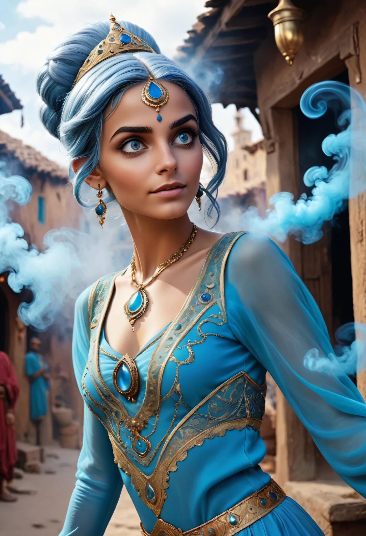 realistic, analog photo, Masterpiece, RAW photo, middle shot, photorealistic, (detailed cute face), genie, (folkloric Arabic creature), (in "Aladdin" style), (cute female, looks like Rachel Cook), short blue hair, blue skin, detailed Arabic village on background, (ghost blue smoke body), smoke particles, halo, (bioluminescent:0.95), vivid colors, vibrant color details, dynamic, Intensed eyes, sexy, pleasure, smoke splash, wishmaster, depth of field, 35mm, film grain, raw photo, isometric, extremely detailed