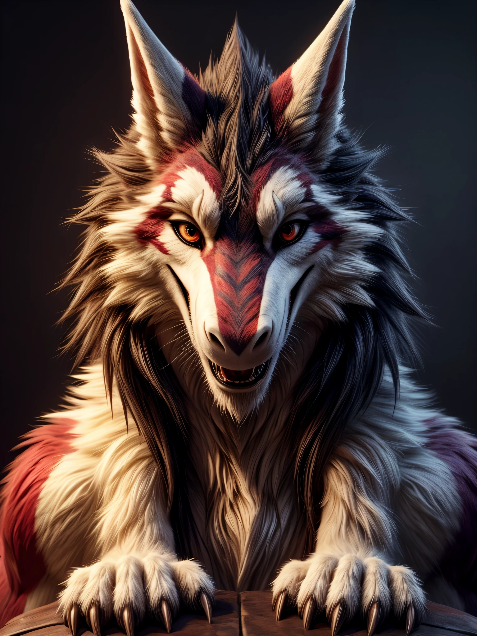 correctly eyes, clotheless, anatomically correct, headshot, sergal, deep red stripes and white fur color, full body, sexy look, open mouth, sexy eyes, dominant, paws, 1guy, male, basemant background, fluffy fur, best quality, masterpiece, detailed, correctly eyes,
