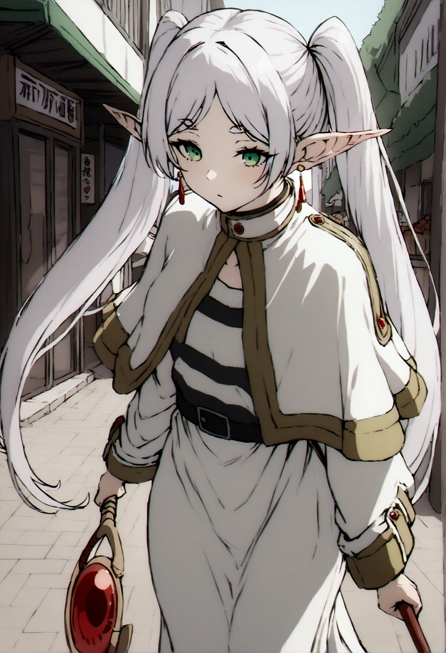 NSFW,masterpiece,Highest quality,High resolution,Very detailed,Frielen\(葬送のFrielen\),Pointed Ears, Green Eyes, Twin tails, staff, very long hair of white color,, Earrings,dress,Capelet,Shopping Street,street vendors