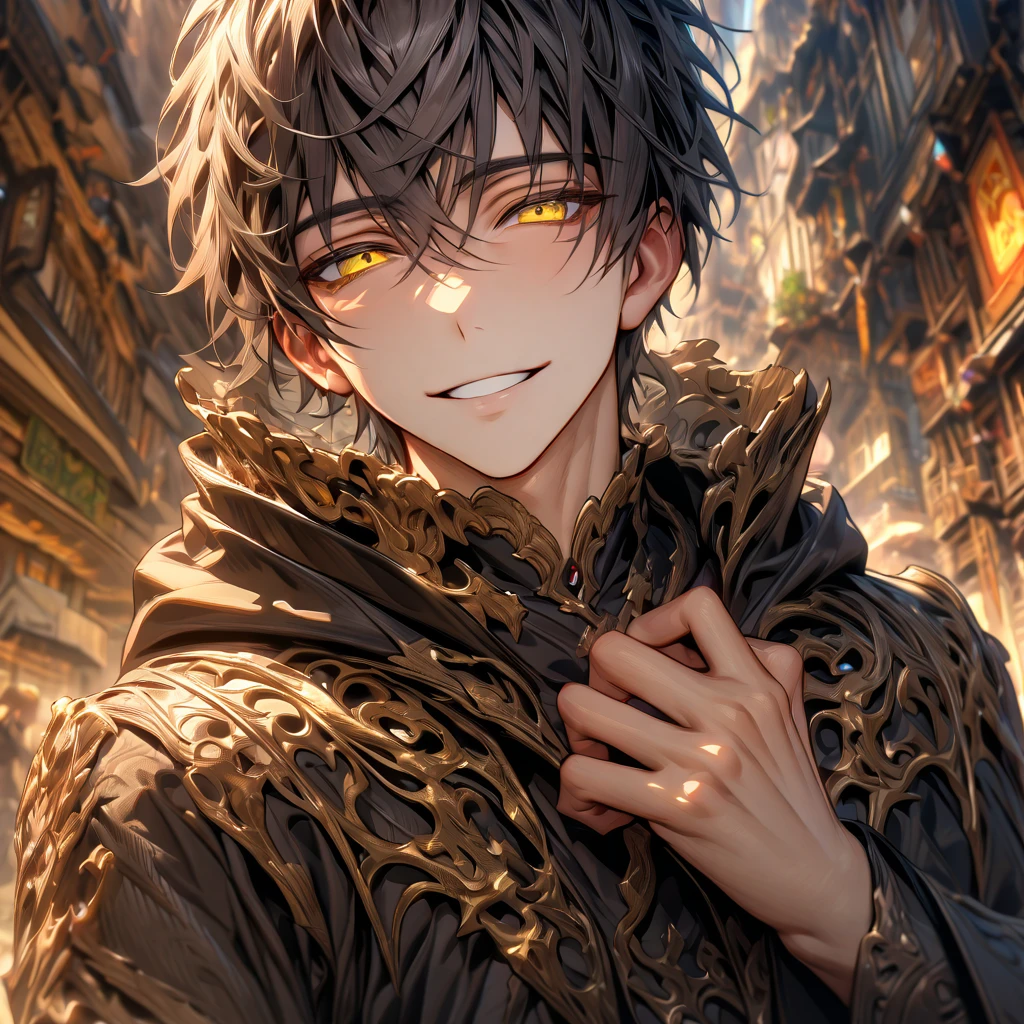 ultra detailed, high resolution, HDR, artwork, black hair, expressive yellow eyes, black coat, man, alone, best quality, handsome smile, tight black shirt, calling with hands