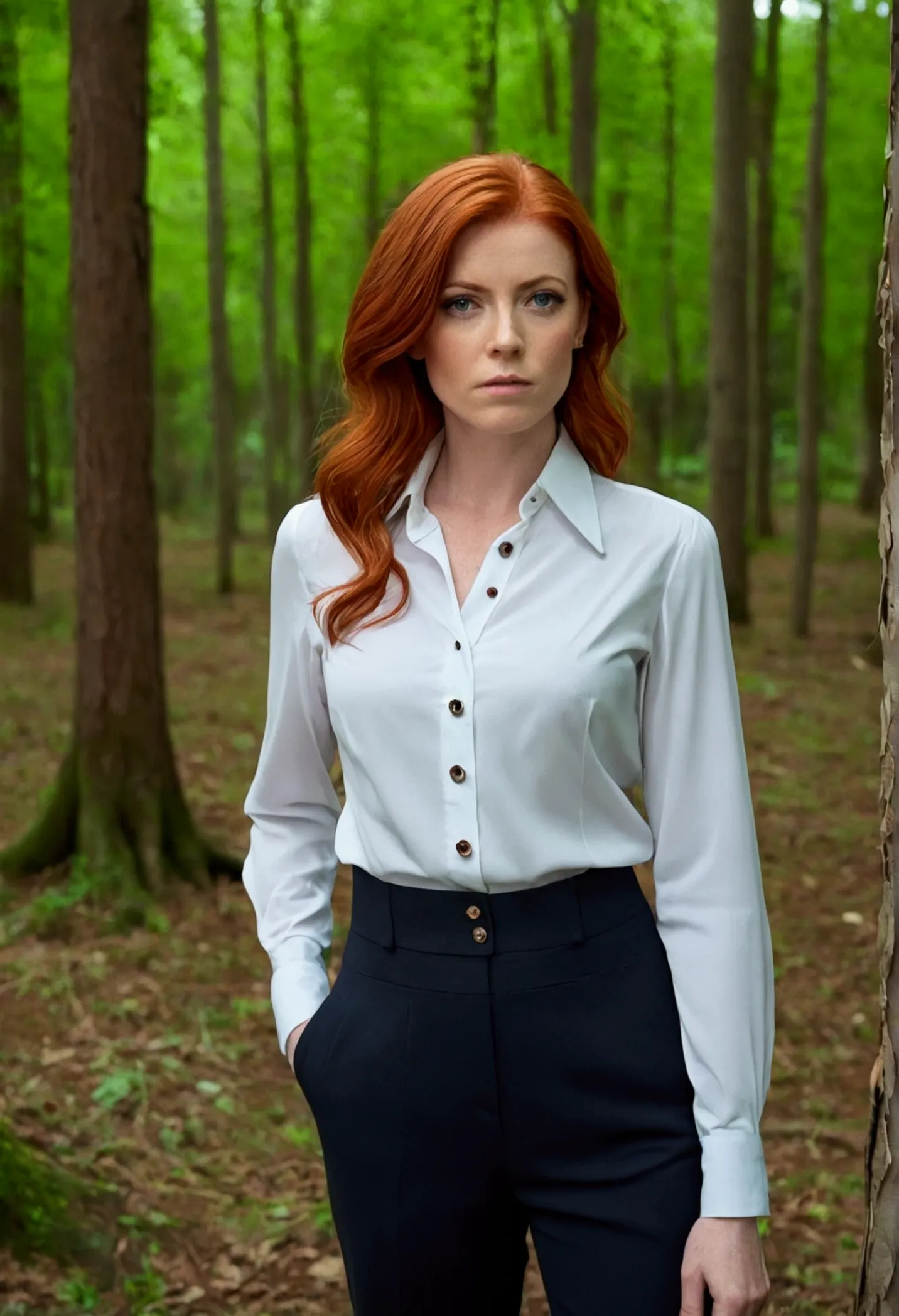 serious woman, red hair , gewellte red hair, shy, sehr lange red hair, wears a blouse, bluse bis oben buttoned up, visible butto...