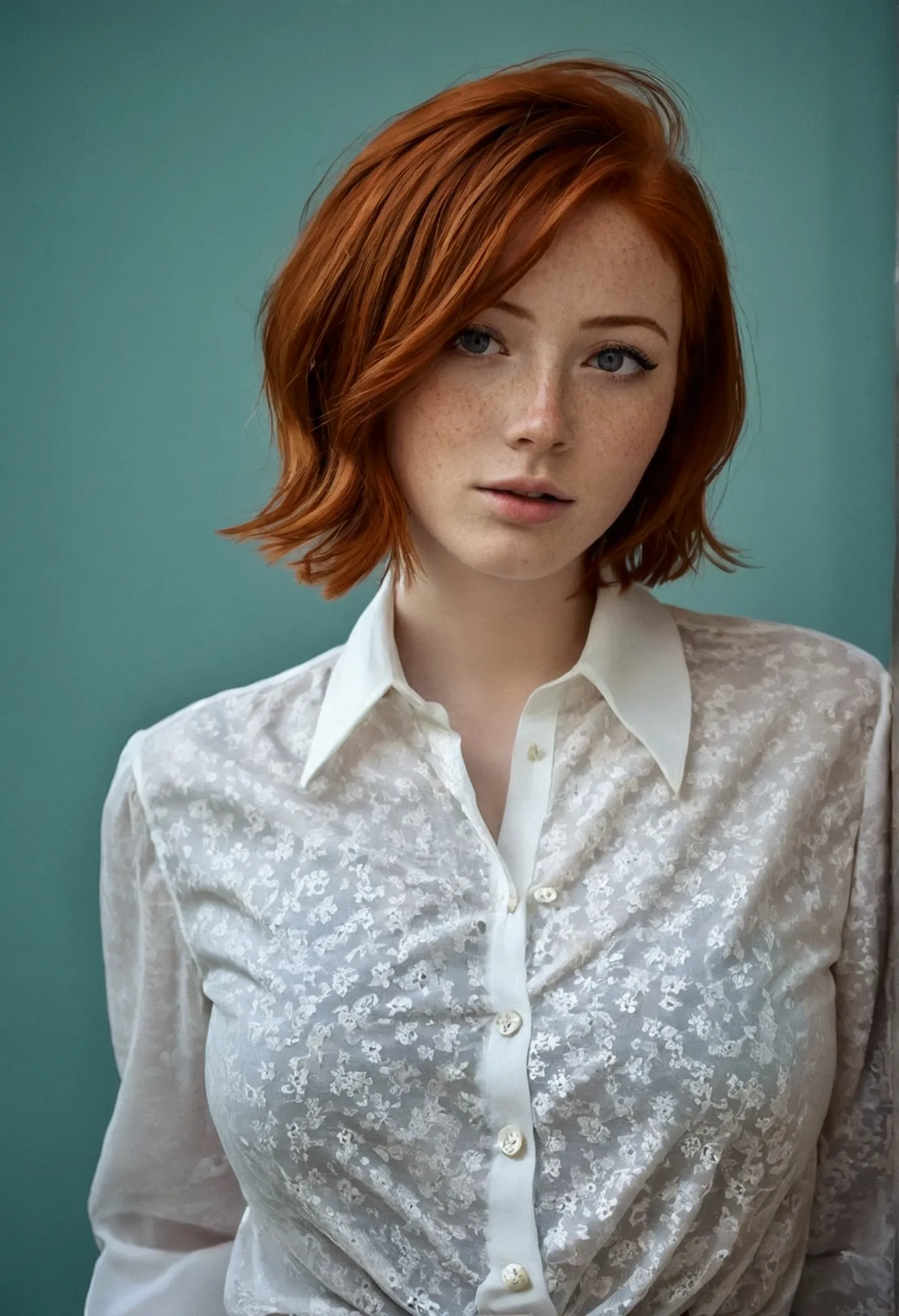 girl , red-haired , freckles , shy short hair , very large breasts , wears a blouse, blouse buttoned up to the top, visible butt...