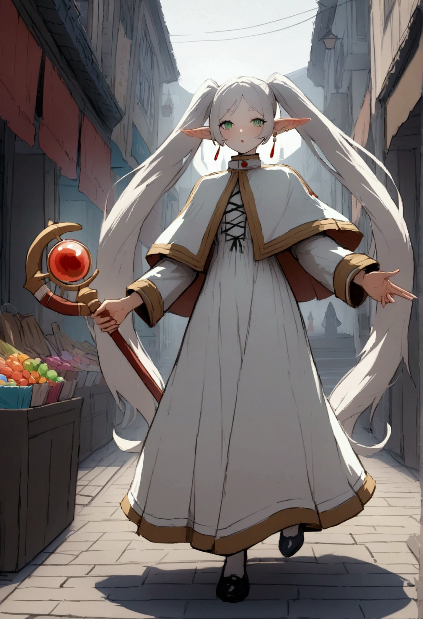 NSFW,masterpiece,Highest quality,High resolution,Very detailed,Frielen\(葬送のFrielen\),Pointed Ears, Green Eyes, Twin tails, staff, very long hair of white color,, Earrings,dress,Capelet,Shopping Street,street vendors