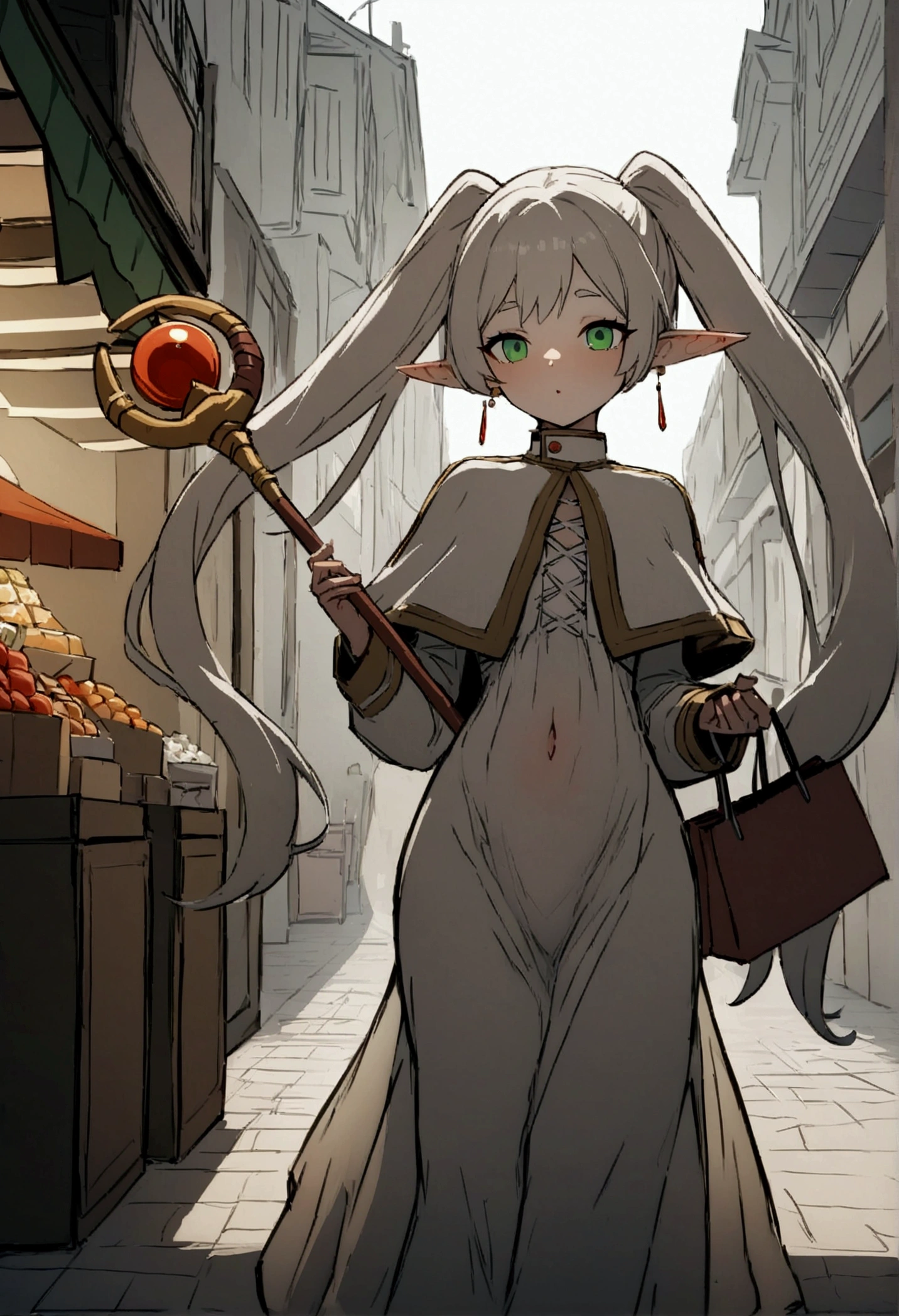 NSFW,masterpiece,Highest quality,High resolution,Very detailed,Frielen\(葬送のFrielen\),Pointed Ears, Green Eyes, Twin tails, staff, very long hair of white color,, Earrings,dress,Capelet,Shopping Street,street vendors