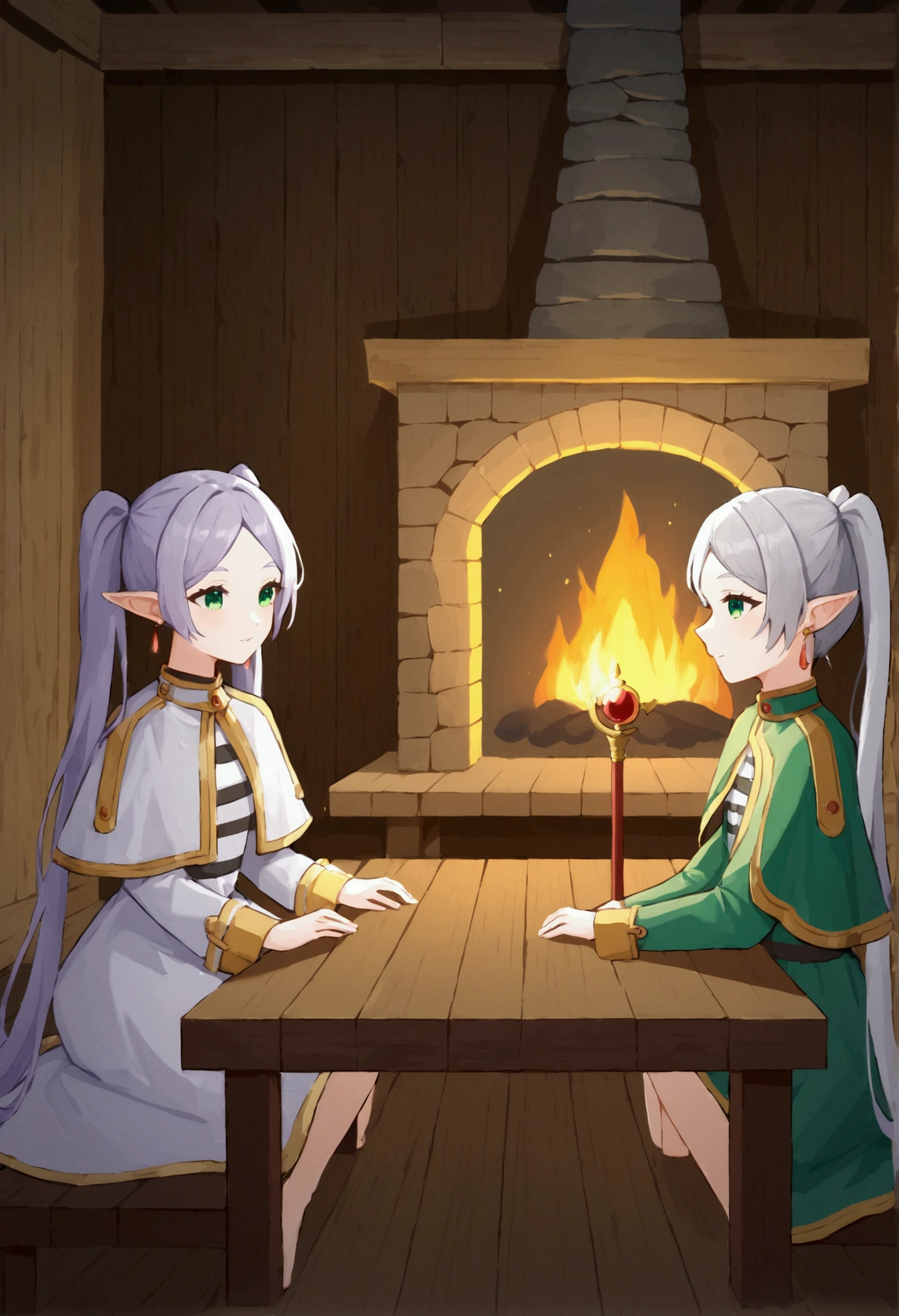 NSFW,masterpiece,Highest quality,High resolution,Very detailed,Frielen\(葬送のFrielen\),Pointed Ears, Green Eyes, Twin tails, staff, very long hair of white color,, Earrings,dress,Capelet,Hut,fireplace,table