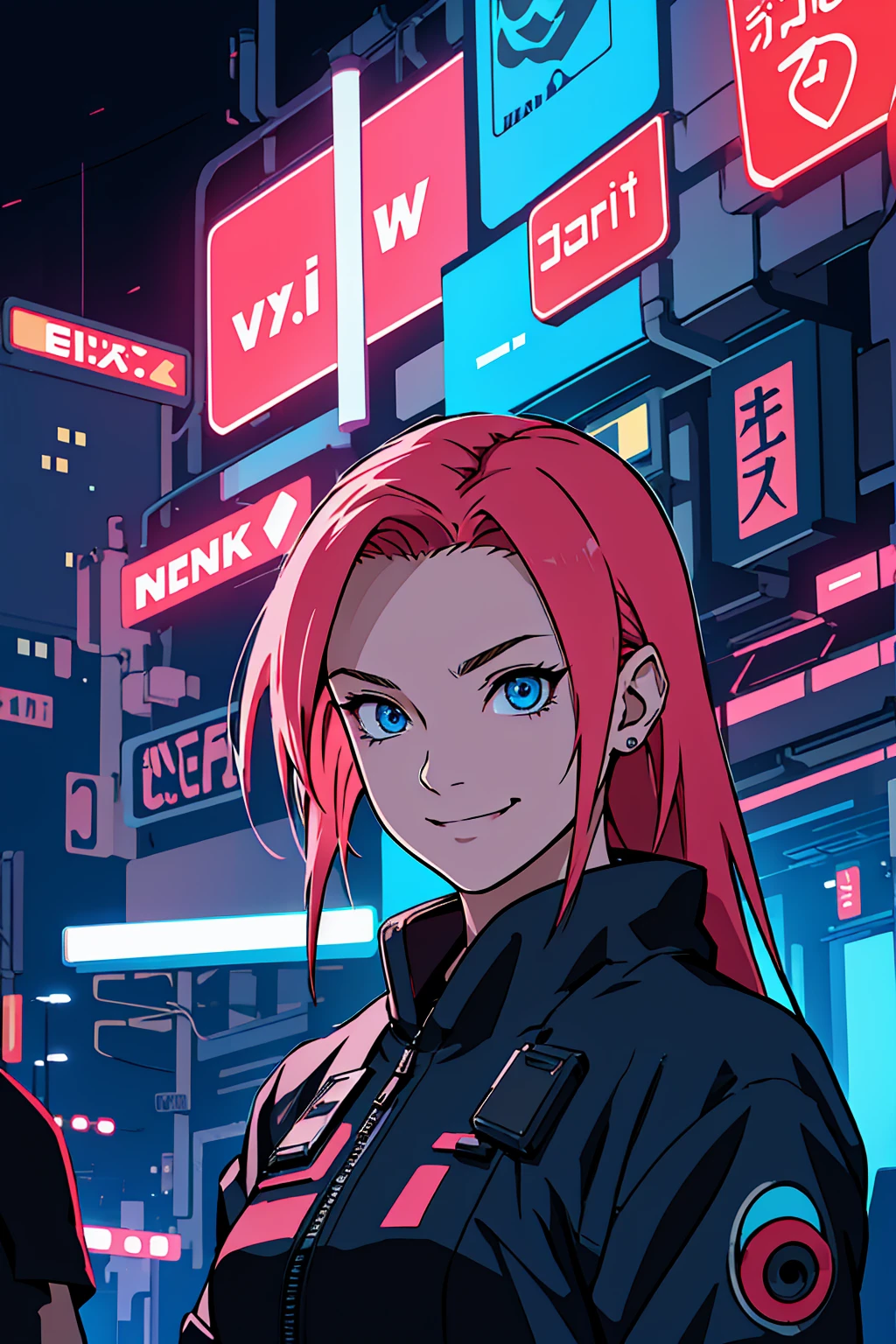 masterpiece , a girl , red very long hair , blue eyes ,  gradient , perfect figure , ( techwear:1.2) , cyberpunk , future , moderne , in cyberpunk city, lite smile , detailed face ,, , (8k,  best quality 1.2),  ultra-detailed, 8k uhd,, soft lighting, high quality, film grain,   beautiful lighting,, (cinematic:1.4) ,perfect body , best illumination, best shadow,  sharpness, contrast,