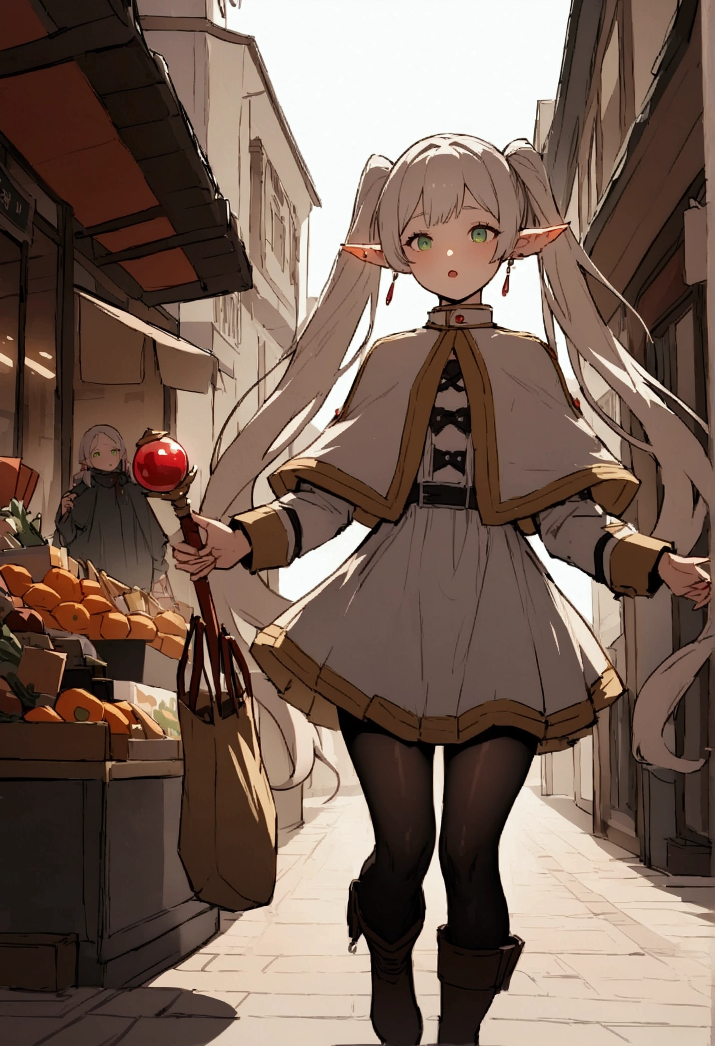 NSFW,masterpiece,Highest quality,High resolution,Very detailed,Frielen\(葬送のFrielen\),Pointed Ears, Green Eyes, Twin tails, staff, very long hair of white color,, Earrings,dress,Capelet,Black Pantyhose,boots,Shopping Street,street vendors,shopping