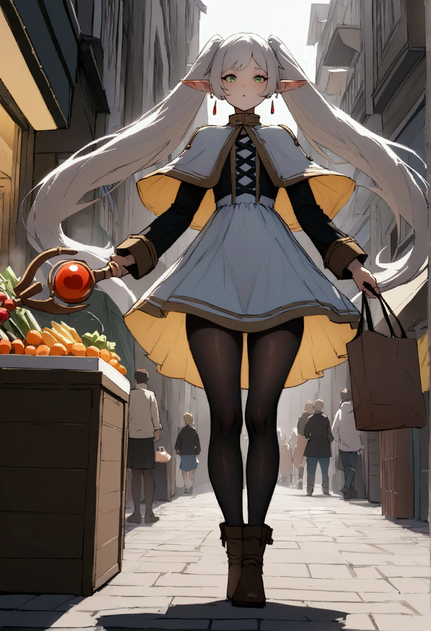 NSFW,masterpiece,Highest quality,High resolution,Very detailed,Frielen\(葬送のFrielen\),Pointed Ears, Green Eyes, Twin tails, staff, very long hair of white color,, Earrings,dress,Capelet,Black Pantyhose,boots,Shopping Street,street vendors,shopping