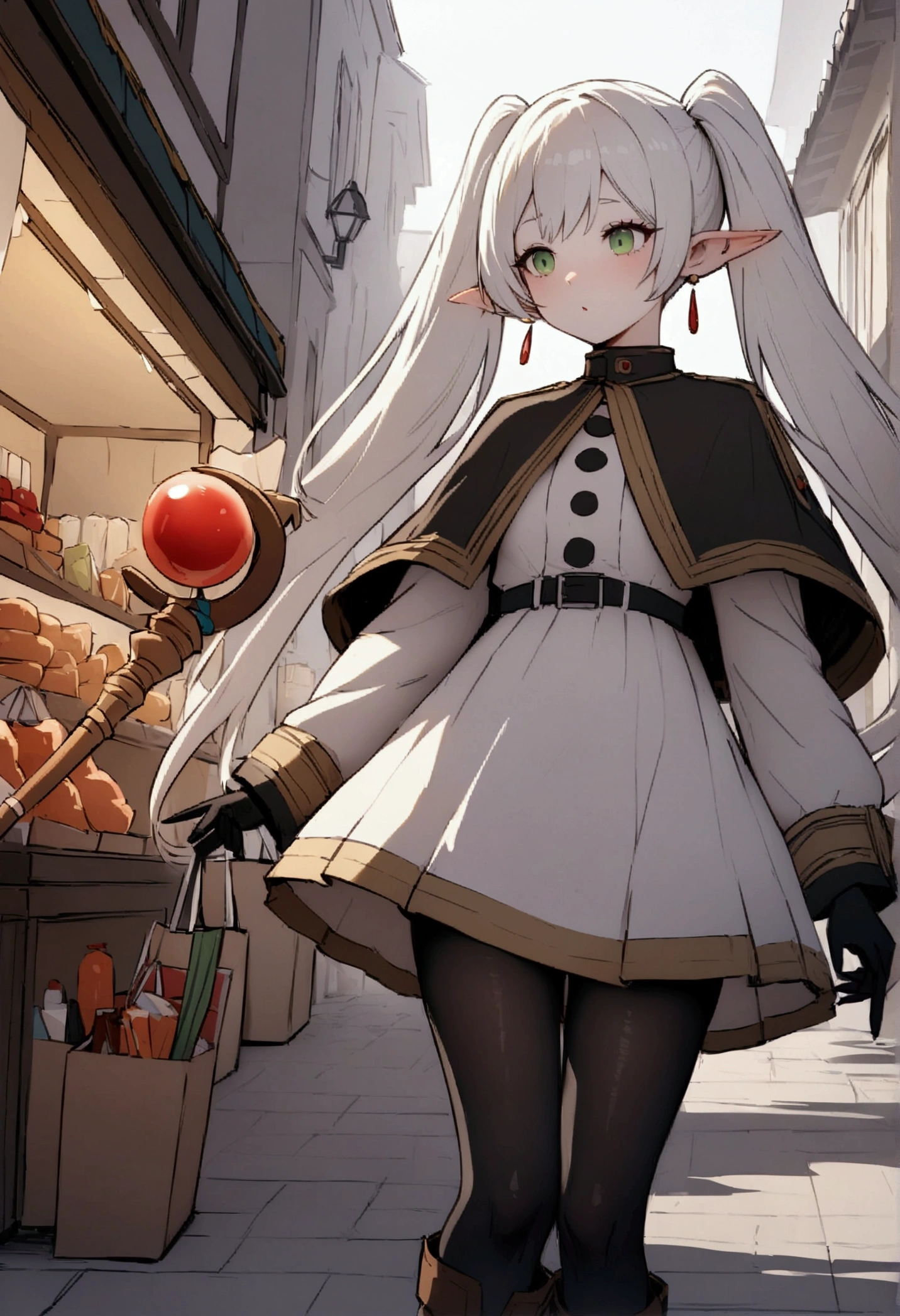 NSFW,masterpiece,Highest quality,High resolution,Very detailed,Frielen\(葬送のFrielen\),Pointed Ears, Green Eyes, Twin tails, staff, very long hair of white color,, Earrings,dress,Capelet,Black Pantyhose,boots,Shopping Street,street vendors,shopping