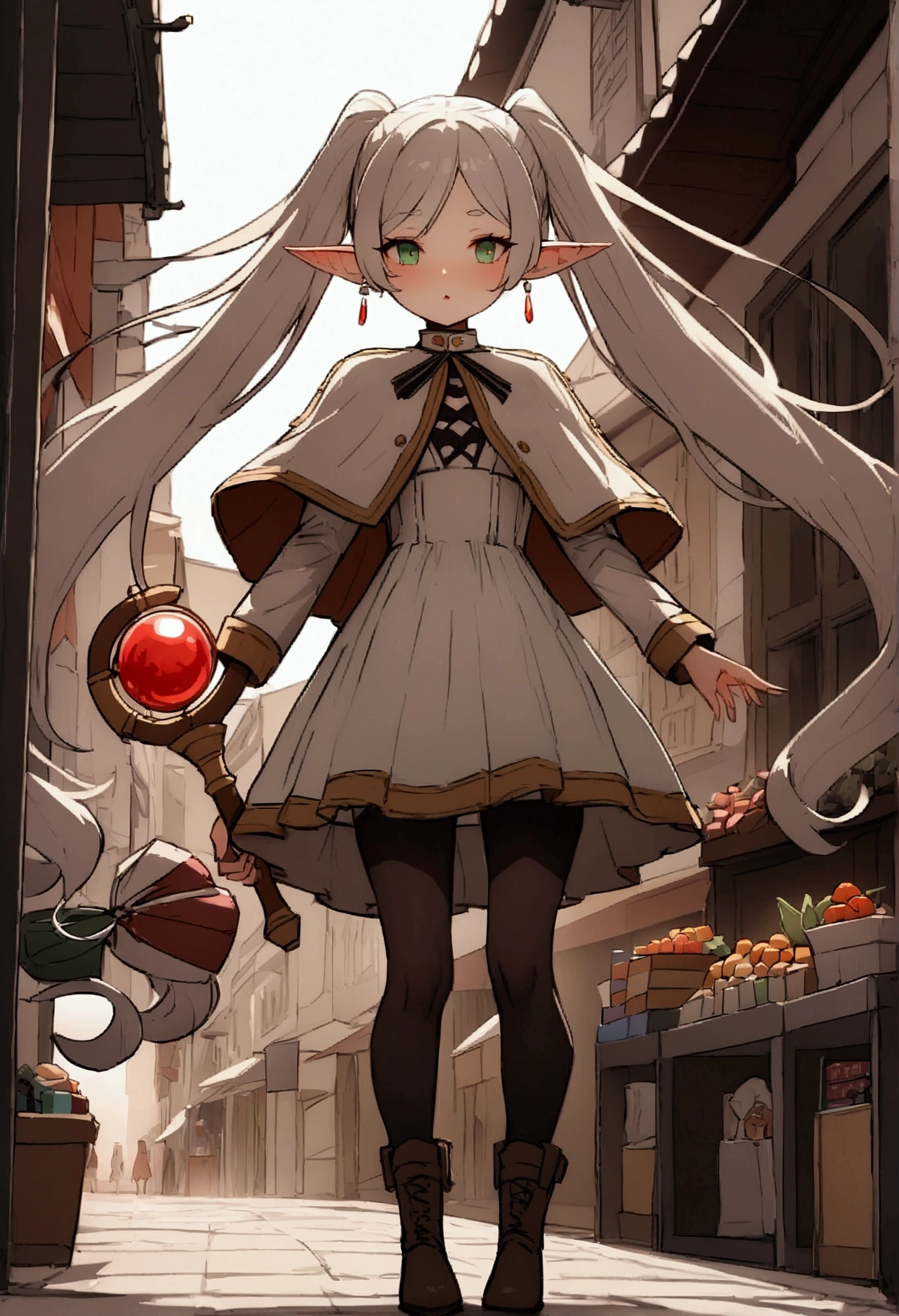 NSFW,masterpiece,Highest quality,High resolution,Very detailed,Frielen\(葬送のFrielen\),Pointed Ears, Green Eyes, Twin tails, staff, very long hair of white color,, Earrings,dress,Capelet,Black Pantyhose,boots,Shopping Street,street vendors,shopping