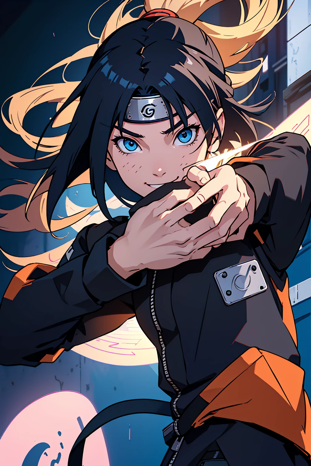 masterpiece , a girl , black very long hair , blue eyes ,  gradient , perfect figure , ( techwear:1.2) , naruto anime olace   , naruto city, lite smile , detailed face ,, , (8k,  best quality 1.2),  ultra-detailed, 8k uhd,, soft lighting, high quality, film grain,   beautiful lighting,, (cinematic:1.4) ,perfect body , best illumination, best shadow,  sharpness, contrast,