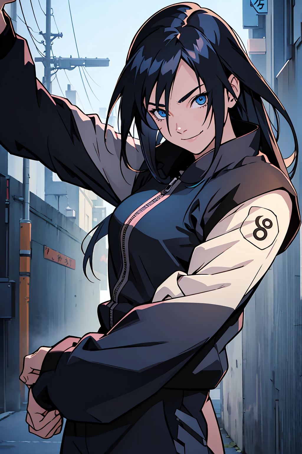 masterpiece , a girl , black very long hair , blue eyes ,  gradient , perfect figure , ( techwear:1.2) , naruto anime olace , naruto city, lite smile , detailed face ,, , (8k,  best quality 1.2),  ultra-detailed, 8k uhd,, soft lighting, high quality, film grain,   beautiful lighting,, (cinematic:1.4) ,perfect body , best illumination, best shadow,  sharpness, contrast,