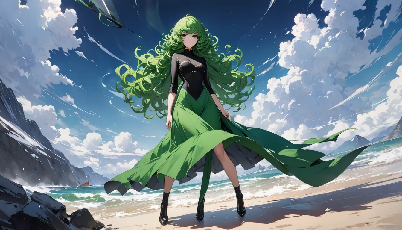 (Masterpiece artwork, best qualityer:1.2), standing alone, 1 girl, tatsumaki, it&#39;s not funny, mouth shut, looking a viewer, Session, He was wearing black dress, thicc thighs, wide thicc thighs,