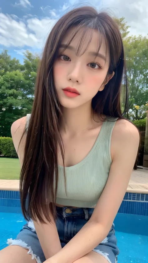 ((Best quality, 8k, Masterpiece :1.3)),   Sharp focus :1.2,   (((Jisoo))).    A pretty woman with perfect figure :1.4,   Slender abs :1.2,   ultra-detailed face,   highly detailed lips,    detailed eyes,   double eyelids,   Make-up face.  lipstick.   (((Long straight thin hair with Bangs))). 

((Ripped-ripped shorts)),  ((tank top)),   sit down,    by the pool 