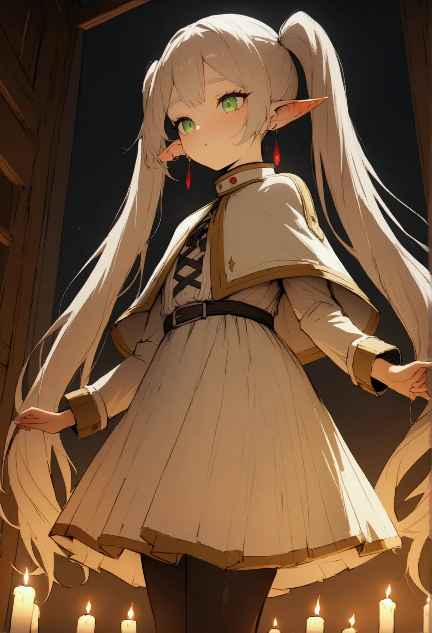 NSFW,masterpiece,Highest quality,High resolution,Very detailed,Frielen\(葬送のFrielen\),Pointed Ears,Green Eyes,Twin tails,very long hair of white color,, Earrings,dress,Capelet,Black Pantyhose,boots,Inn at night,Candle