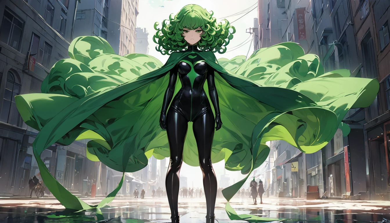 (Masterpiece artwork, best qualityer:1.2), standing alone, 1 girl, tatsumaki, it&#39;s not funny, mouth shut, looking a viewer, Session, He was wearing black dress, thicc thighs, wide thicc thighs,(clear details), ((Focus Clear)),((high détail)