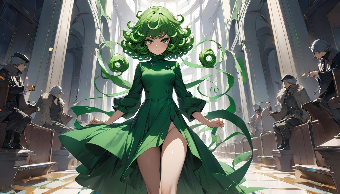 (Masterpiece artwork, best qualityer:1.2), standing alone, 1 girl, tatsumaki, it&#39;s not funny, mouth shut, looking a viewer, Session, He was wearing black dress, thicc thighs, wide thicc thighs,(clear details), ((Focus Clear)),((high détail)