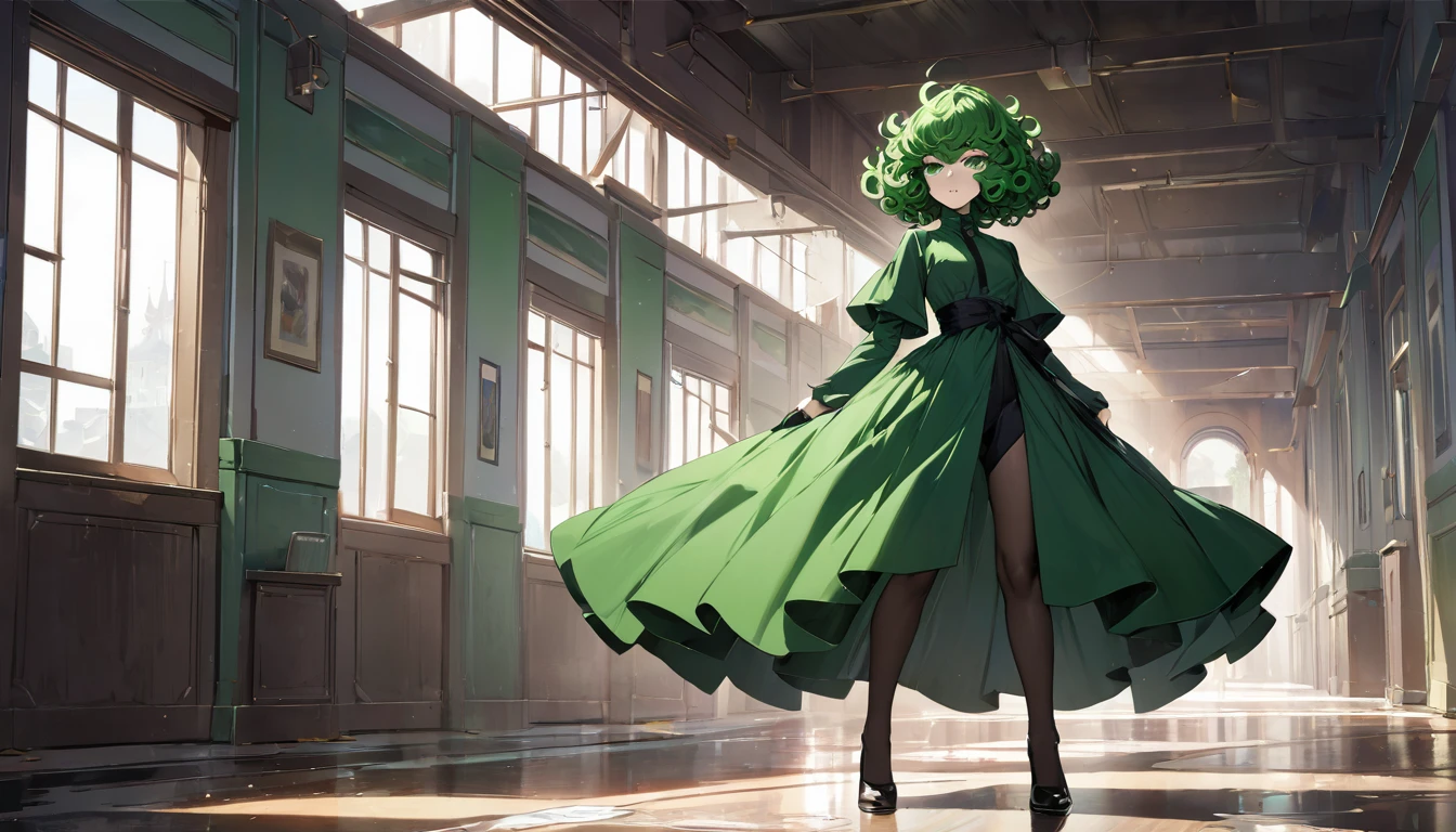 (Masterpiece artwork, best qualityer:1.2), standing alone, 1 girl, tatsumaki, it&#39;s not funny, mouth shut, looking a viewer, Session, He was wearing black dress, thicc thighs, wide thicc thighs,(clear details), ((Focus Clear)),((high détail)