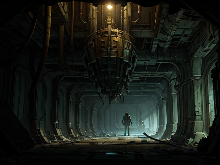 masterpiece, great detail, SciFI abandoned spaceship, wrecked ship, low light, destroyed hallways, Cables, Cables, Lights, darkness, tenacles,tentacles