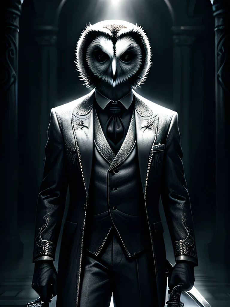 A black and white barred owl, extremely detailed, dressed in a fancy silver-lined suit, holding a revolver and a sword, ornate silver embellishments, dramatic lighting, cinematic composition, dark moody atmosphere, muted color palette, chiaroscuro lighting