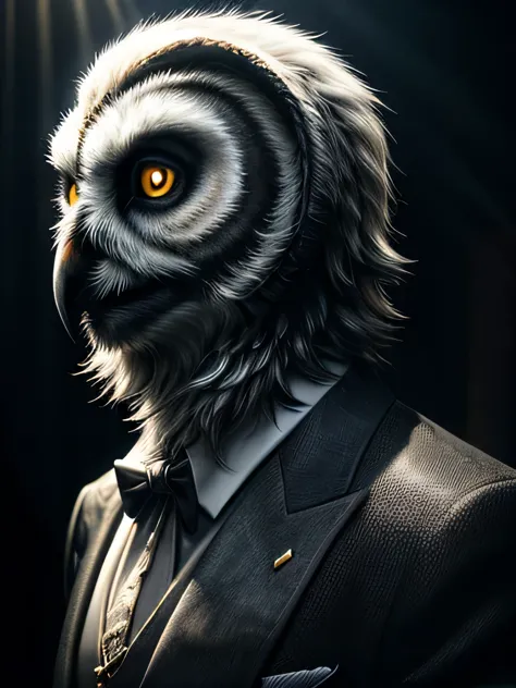 a black and white barred owl with glowing white eyes, wearing a fancy silver-lined suit, highly detailed, photorealistic, dramat...