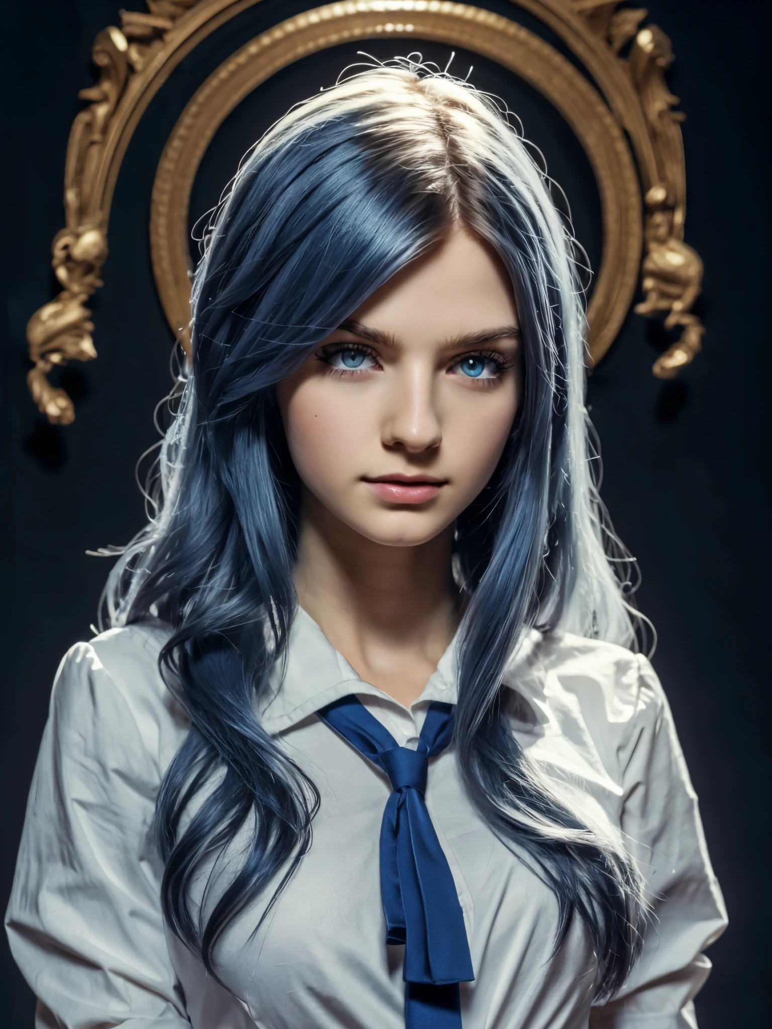 1girl, long blue hair, blue eyes, detailed face, white and blue sailor uniform, fantasy magical girl, (best quality, highres, masterpiece:1.2), (realistic, photorealistic:1.3), vivid colors, cinematic, dramatic lighting, whimsical, ethereal, elegant, graceful, BREAK, gargoyle, stone carving, detailed line, super intricate details, perfect composition, medieval art, BREAK,