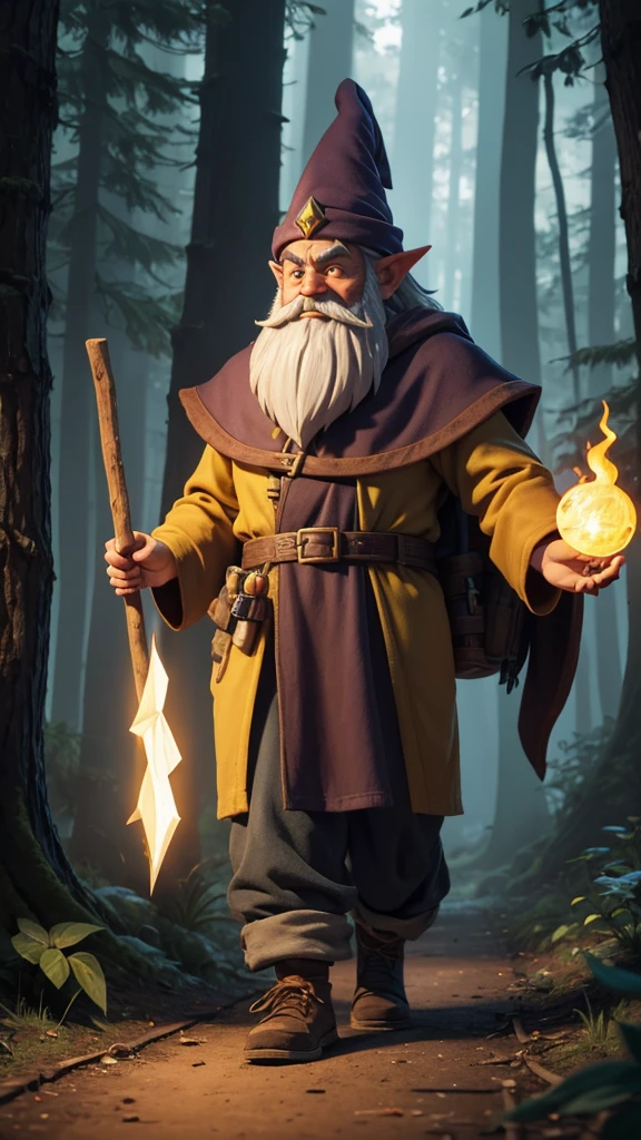 a man dressed as a gnome walking on the ground with a stick, wearing a yellow gnome robe, walking in the woods ,witch forest, male wizard, gnome druid, gnome wizard, tail wizard headdress, a mysterious spell-casting wizard, gnomon, drachenlord, spell-casting wizard, sorcerer, evil alchemist dwarf, wizard information-gatherer, game 3D 