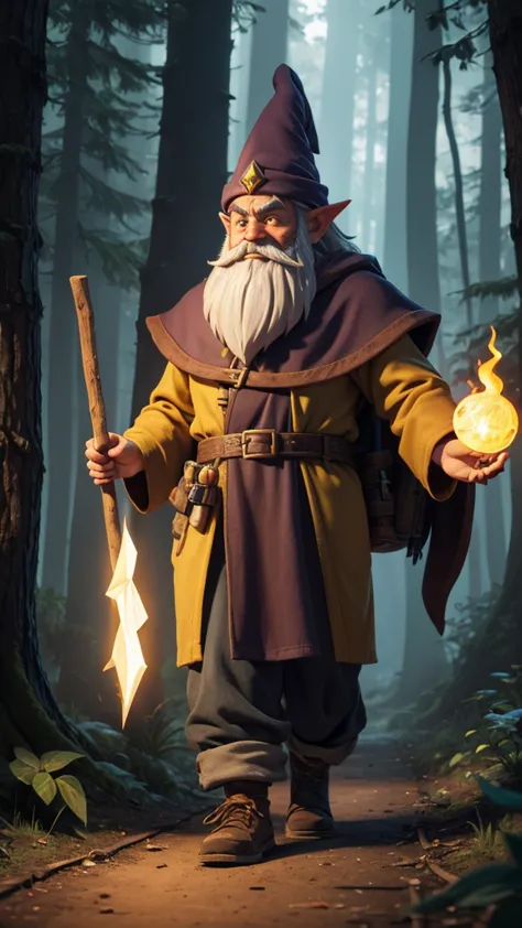 a man dressed as a gnome walking on the ground with a stick, wearing a yellow gnome robe, walking in the woods ,witch forest, ma...