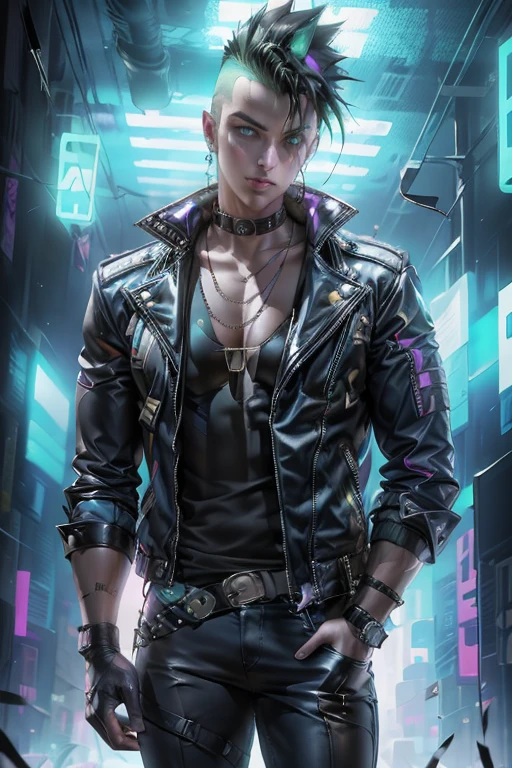 Une image d&#39;un punk avec un mohawk, vêtu d&#39;une veste en cuir avec des clous. Dans le coin supérieur droit, l&#39;image présente une luminosité, inscription frappante « научпанк » en russe, de style cyberpunk avec des couleurs néon.