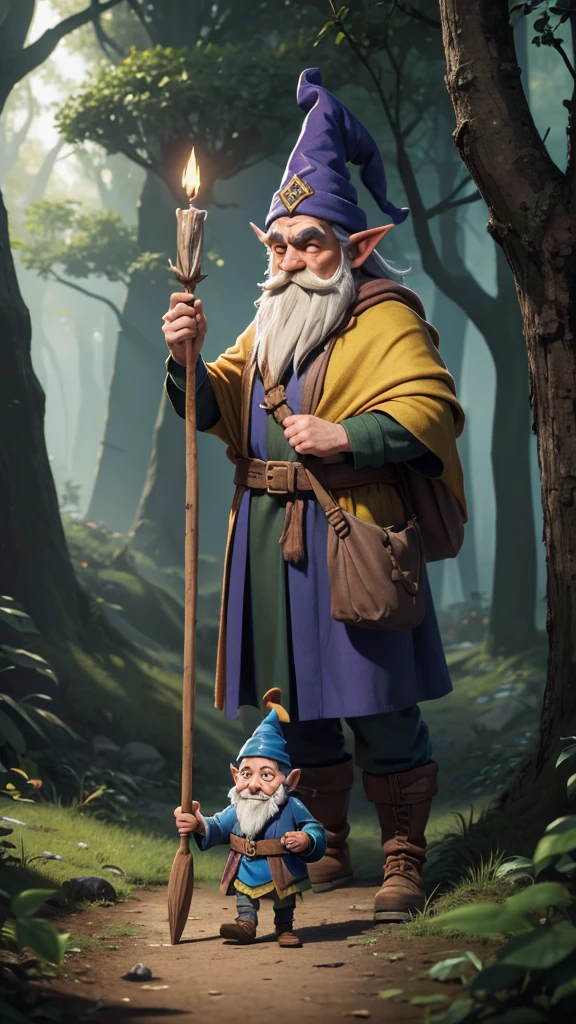 a man little  dressed as a gnome walking on the ground with a stick, wearing a yellow gnome robe, walking in the woods ,witch forest, male wizard, gnome druid, gnome wizard, tail wizard headdress, a mysterious spell-casting wizard, gnomon, drachenlord, spell-casting wizard, sorcerer, evil alchemist dwarf, wizard information-gatherer, game 3D 