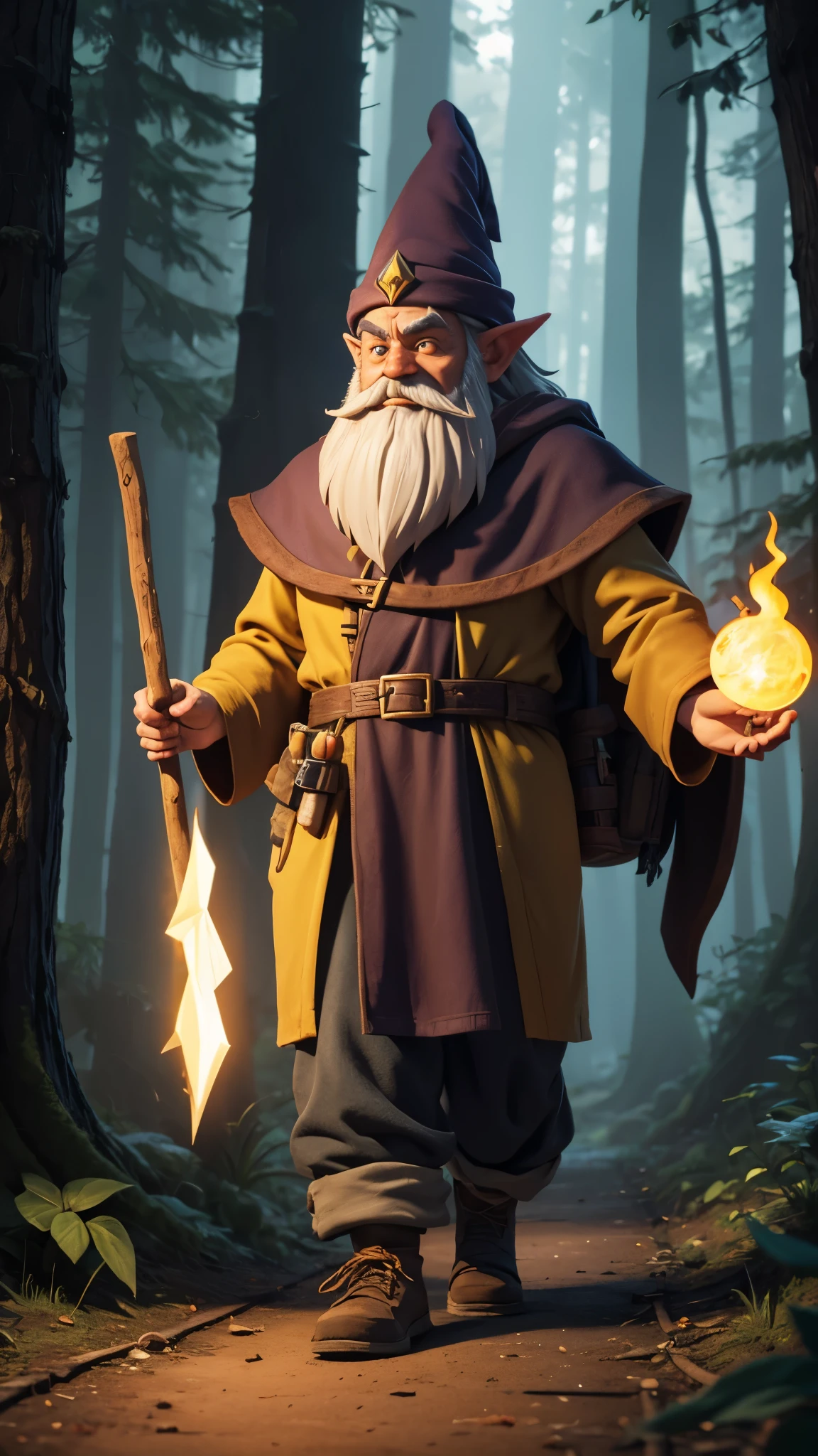 a man dressed as a gnome walking on the ground with a stick, wearing a yellow gnome robe, walking in the woods ,witch forest, male wizard, gnome druid, gnome wizard, tail wizard headdress, a mysterious spell-casting wizard, gnomon, drachenlord, spell-casting wizard, sorcerer, evil alchemist dwarf, wizard information-gatherer, game 3D 