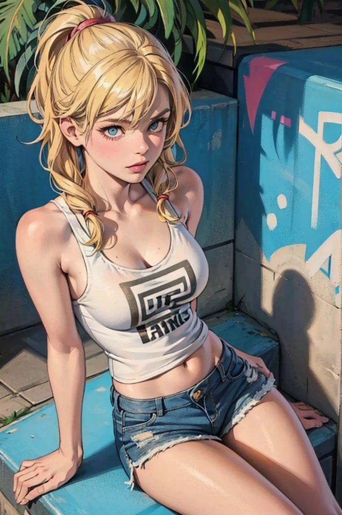 12-year-old girl with short wavy blonde hair, hazel eyes, flat chest, model body, wearing a white tank top with a colorful print, hazel Bermuda shorts, posing sitting on a staircase with graffiti, upper body, concrete staircase background with graffiti in a skate park, palm trees, depth on field, Dutch angle, afternoon light, evening, sunset, los angles