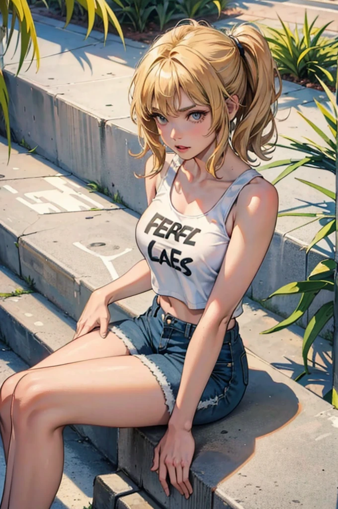 12-year-old girl with short wavy blonde hair, hazel eyes, flat chest, model body, wearing a white tank top with a colorful print, hazel Bermuda shorts, posing sitting on a staircase with graffiti, upper body, concrete staircase background with graffiti in a skate park, palm trees, depth on field, Dutch angle, afternoon light, evening, sunset, los angles