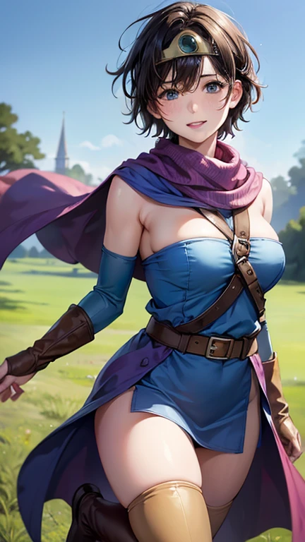 ((masterpiece:1.4)), (High resolution:1.4), Standing on the grass, Sexy pose, One girl:1.5, alone, outside, internal (dq3), One girl, alone, short hair, Brown Hair, blue eyes, Circlet, Muscular、Strapless, Blue clothes, Purple Cape, Knee socks, Elbow hand pockets, boots, belt, sheath, knee boots, Beautiful smile, Beautiful Face, Highly detailed face, Highly detailed eyes, Highly detailed skin, Skin pores, Realistic pupils, Blush all over face, Fuller lips, (Perfect Anatomy:1.1), (Perfect Proportions:1.1), (photograph:1.1), (photoRealistic:1.1), Volumetric lighting, Dynamic Lighting, True Shadow, (High resolution:1.1), Sharp focus, Dawn, (Realistic, hyperRealistic:1.4), Complex, Attention to detail, dramatic, Scattered beneath the surface, Large depth of field, Vivid, Polished, Honed, ((Full Sharp)), (Very absurd),16k hdr,